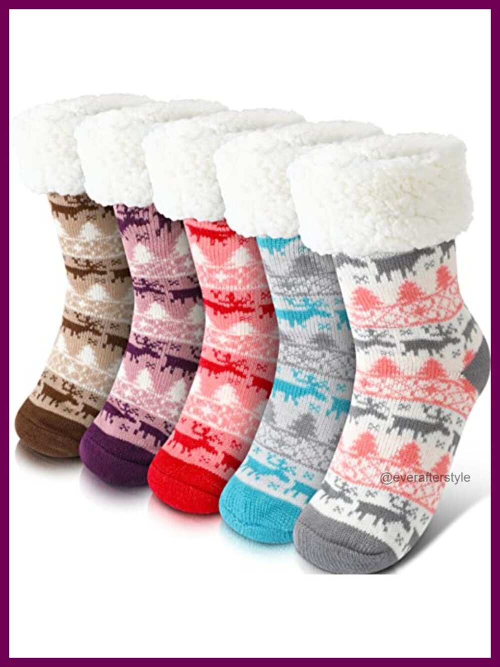 5 Pairs Christmas Fuzzy Fleece Lined Slipper Socks Elk Winter Warm Cozy